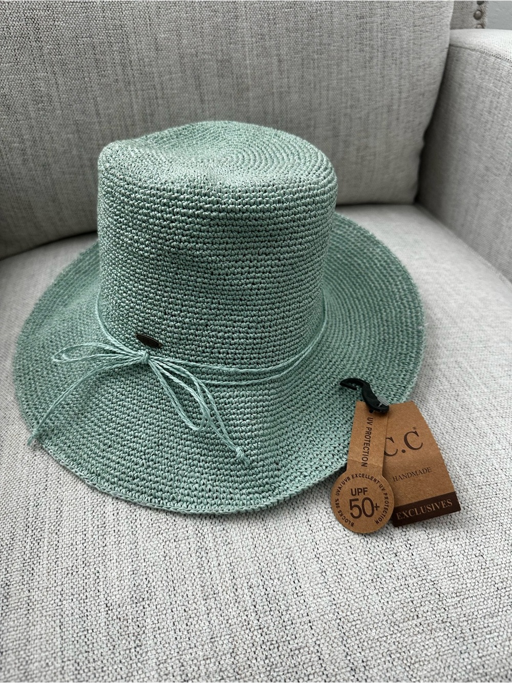 C.C Mint Crochet Sun Bucket Hat with Bow Detail